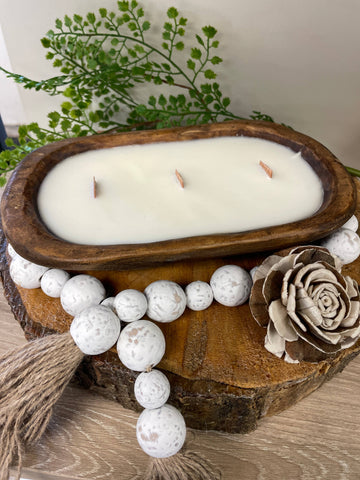 Neutral/Fall/Holiday Decor | Medium Brown Dough Bowl Candle: Fraser Fir / Holiday Decor(burlap with replica berries and wintergreens)