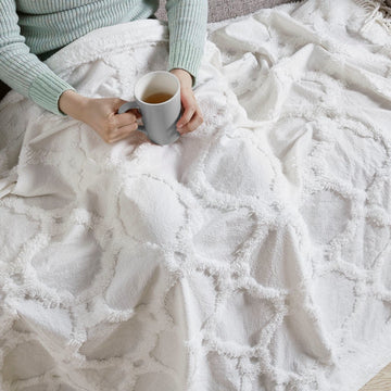 Fringed Tufted Throw Blanket, Moroccan Geometric, White