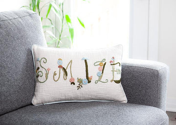 Embroidered Floral SMILE Boucle Rectangle Patio cushion