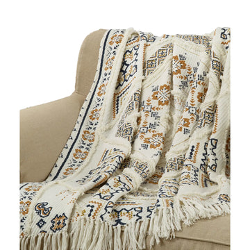 Boho Style Printed & Embellished 50x 60 Cotton Throw Blanket