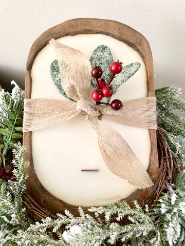 Neutral/Fall/Holiday Decor | Medium Brown Dough Bowl Candle: Fraser Fir / Holiday Decor(burlap with replica berries and wintergreens)