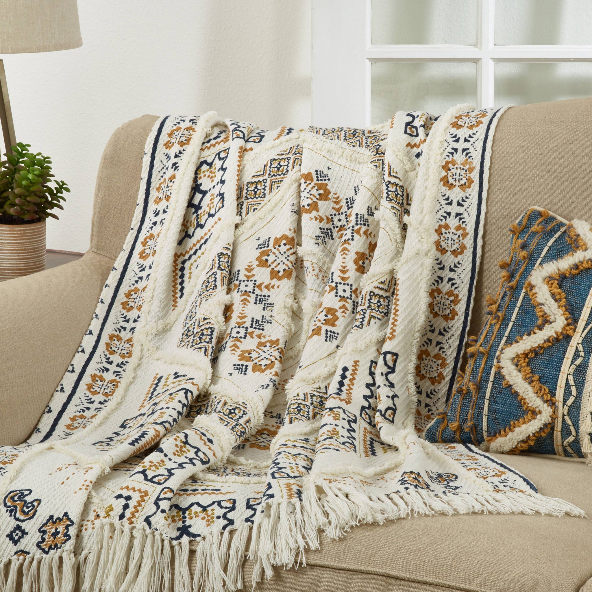 Boho Style Printed & Embellished 50x 60 Cotton Throw Blanket