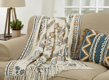 Boho Style Printed & Embellished 50x 60 Cotton Throw Blanket